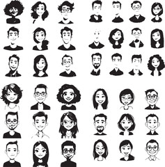 Monochrome friendly user character avatar icon set clear facial features minimal shading isolated collection silhouette