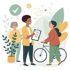 Vector art of a woman on a bicycle is talking to a woman holding a clipboard, with another woman standing nearby