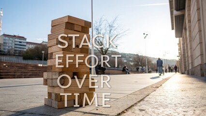 Wooden blocks stacked on sidewalk in urban setting under soft sunlight