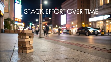 Wooden blocks stacked on urban street at night illustrating patience and effort