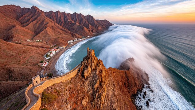 Dramatic coastal vista with a dramatic fog bank rolling over the ocean