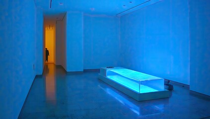 Blue-lit art space with shallow aquarium