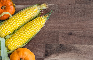 Autumn harvest. Small pumpkins and sweet corn are lying on wooden background. Top view.