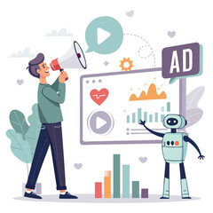 Vector art of a man is using a megaphone to promote his business with the help of a robot, and the business is growing with love and support