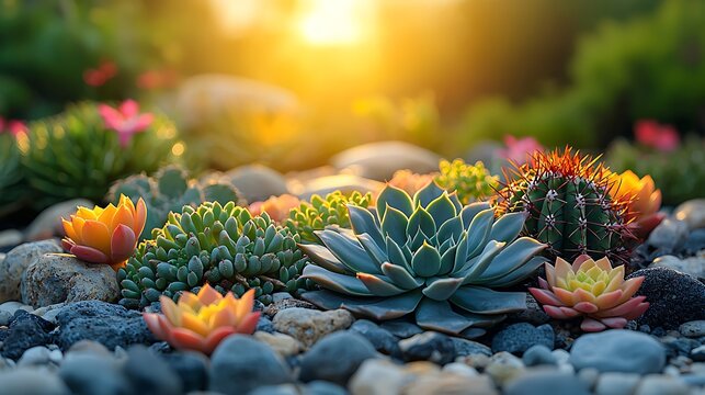 Diverse succulents and cactus on rocks bright golden sunlight and blurred foliage plants - Powered by Adobe