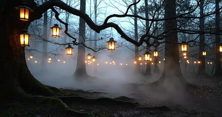 Enchanted forest path illuminated by numerous hanging lanterns on a misty evening. - Powered by Adobe