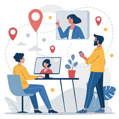 Vector art of team working remotely, women on video call, man holding coffee, , showing location pins on map