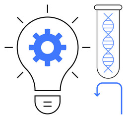 Light bulb with gear as creativity symbol, DNA strand in test tube for science, and arrow for progress. Ideal for science, innovation, development, research, creativity education technology. Simple