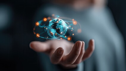 Hand holding a digital globe, glowing with energy