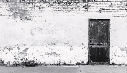 The image shows a monochrome view of an aged whitewashed brick wall with a dark, weathered wooden door, plants grow at the base of the wall.