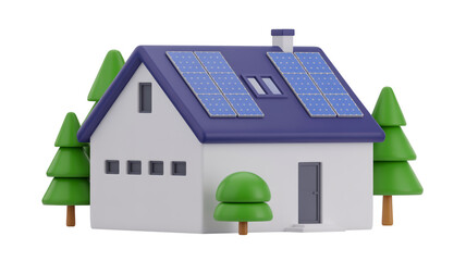 A 3D rendered illustration of a modern residential house with solar panels