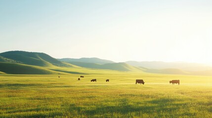 Obraz premium A sunny meadow with cows calmly grazing in the foreground, on blurred background