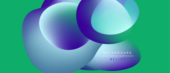 Abstract shapes overlap, creating vibrant gradients. Green background complements purple, blue hues. Modern design element.