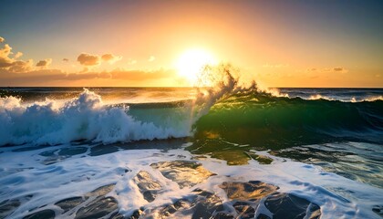Naklejka premium Dramatic sunset over ocean waves