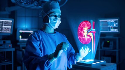 A modern surgeon meticulously interacting with a futuristic holographic kidney projection, utilizing advanced technology for precise medical planning in a high-tech operating room - Powered by Adobe