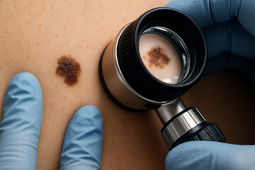 Dermatologist using a dermatoscope to examine a pigmented mole on the skin, focusing on melanoma detection and skin cancer prevention.