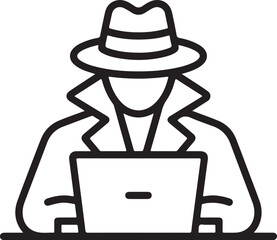 Anonymous hacker in a hat and trench coat using a laptop computer
