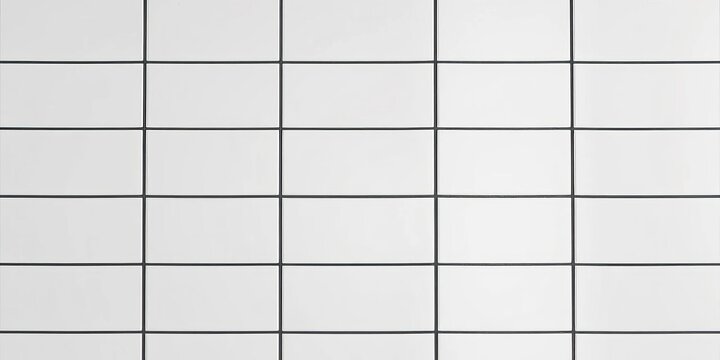 Clean white matte square ceramic tiles with defined black grout lines create a minimalist geometric pattern,   simple design,  kitchen tiles