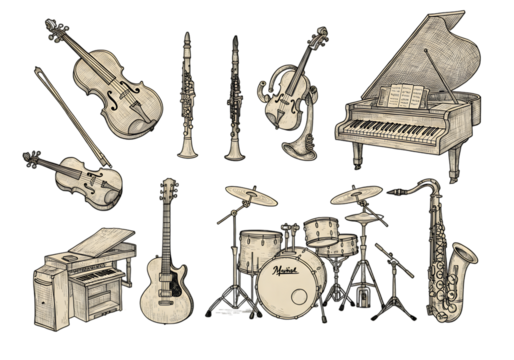 Isolated Musical Instruments Illustration on Transparent Background
