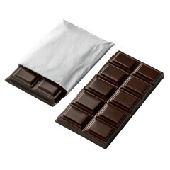 Delicious Dark Chocolate Bar Unwrapped with Silver Foil Packaging on a White Background