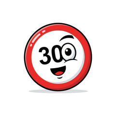 Cartoonish speed limit sign with a face showing the number three hundred on a white background