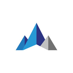 Fototapeta premium A minimalist illustration of three triangular peaks in shades of blue and gray on a white background