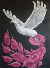 White dove with pink, feathered tail, flying amidst magenta flower-like shapes against a dark background