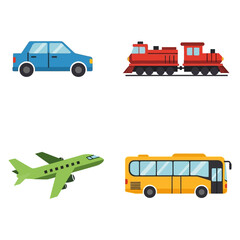 Illustration of a blue car, red train, green airplane, and a yellow bus on a white background