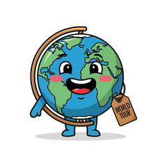 A cartoon globe character with a happy expression holding a world tour tag on a white background