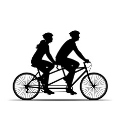 Silhouette of a couple riding a tandem bicycle with helmets on a white background in vector format