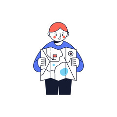 Person with red hair holding a map with a flag and a star on it against a white background image