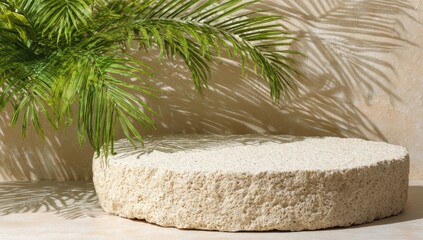 Beige round podium, palm leaves, sunlit shadows