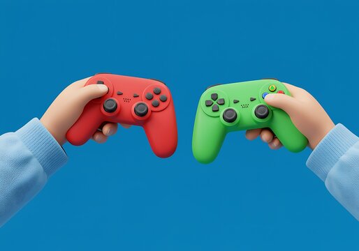 Two hands holding video game controllers in vibrant red and green colors against a solid blue background perfect for gaming concepts