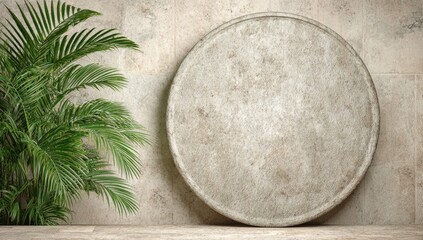 Beige stone wall, round, textured, blank display.  Palm leaves