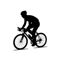 Silhouette of a cyclist wearing a helmet riding a road bike against a white background in profile view