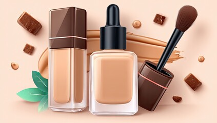 Two foundation bottles, a makeup brush, and chocolate-colored pieces,  all on a light beige background