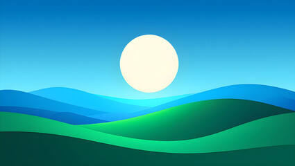 Abstract rolling green hills under a bright sun and blue sky image