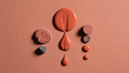 Terracotta-toned paint drips and earth-toned stones