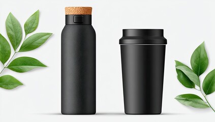 Black reusable water bottle and travel mug, cork lid, green leaves