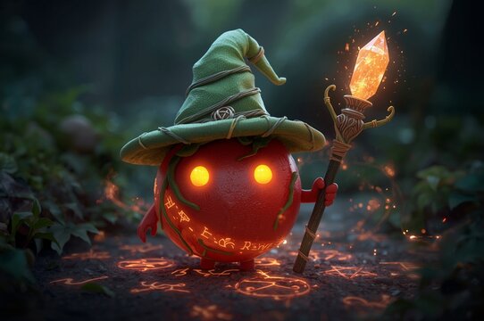 3D evil tomato witch surrounded by magic symbols on the ground