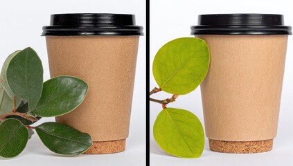 Two disposable coffee cups, one beside a green leaf branch, the other beside a vibrant lime green leaf branch, on a white background