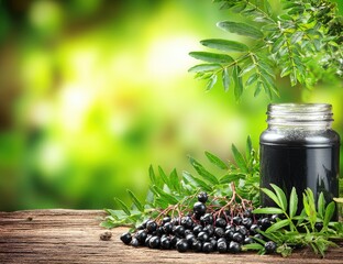 Dark elderberry syrup on rustic wooden table, surrounded by fresh leaves and berries