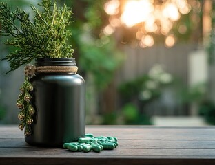 Dark-painted jar with herbal sprigs and pills on wooden table