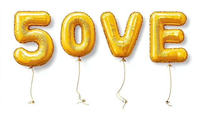 Gold balloons spelling out "50VE" against white background