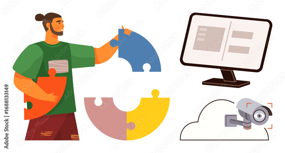 Wall mural man holding and connecting puzzle pieces, cloud with security camera, and computer screen. ideal for