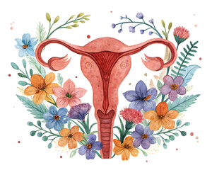 Artistic watercolor illustration of a human uterus and ovaries surrounded by a vibrant floral wreath symbolizing women s health and fertility