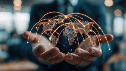 Global network held in hands.  Businessman holds a holographic world map, connected by glowing lines