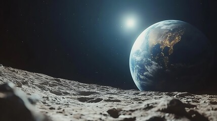 Obraz premium Earth Glowing From Moon Surface Under Bright Sunlight planet space