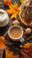 Autumn cozy flat lay with cup of coffee, fall banner surrounded by wool yarn, twine, maple leaves and copy space for seasonal craft or warm drink concept