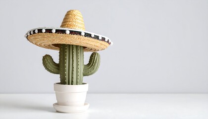 Cactus Wearing Straw Hat in Pot on White Surface, Funny Plant